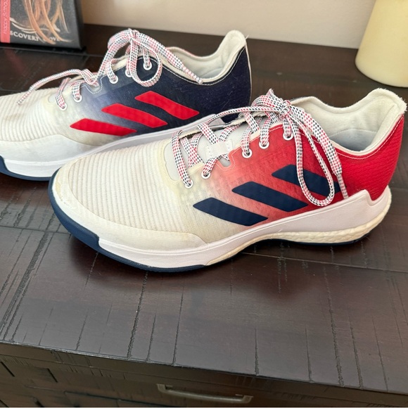 red white and blue adidas volleyball shoes